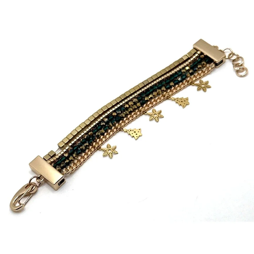 Victoria Emerson Multi Strand Bracelet Green Bead Christmas Tree Star Charms 7.5